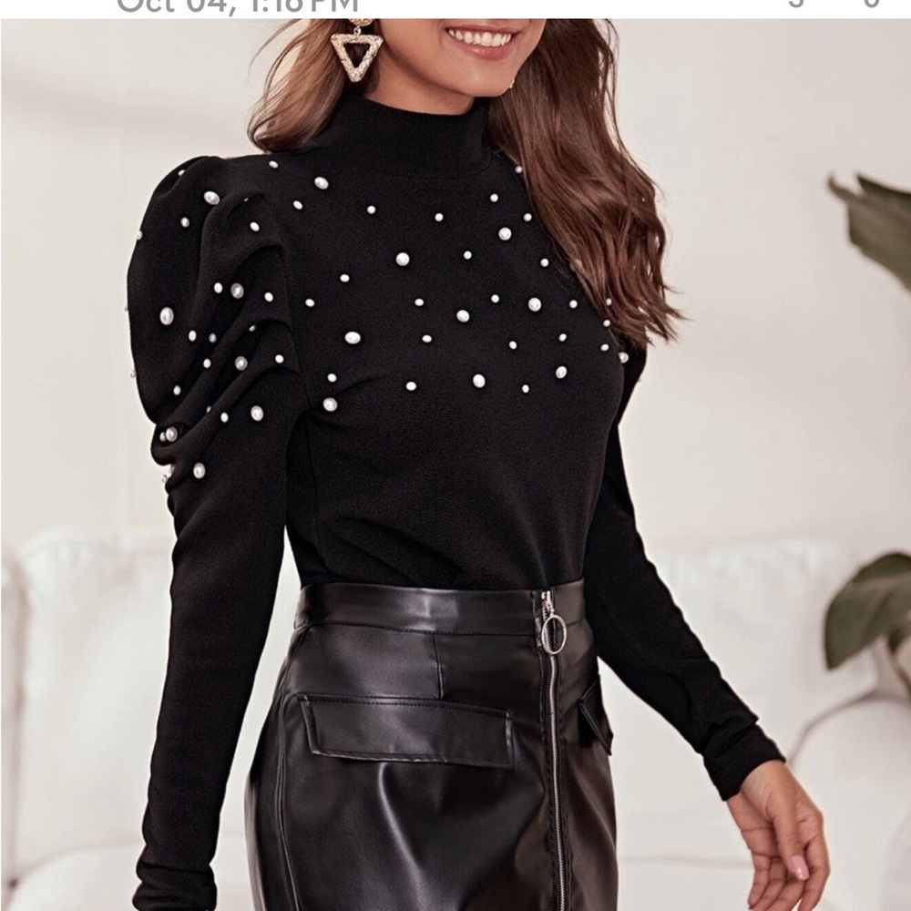Black Pearl Puff Sleeve Turtleneck Shirt